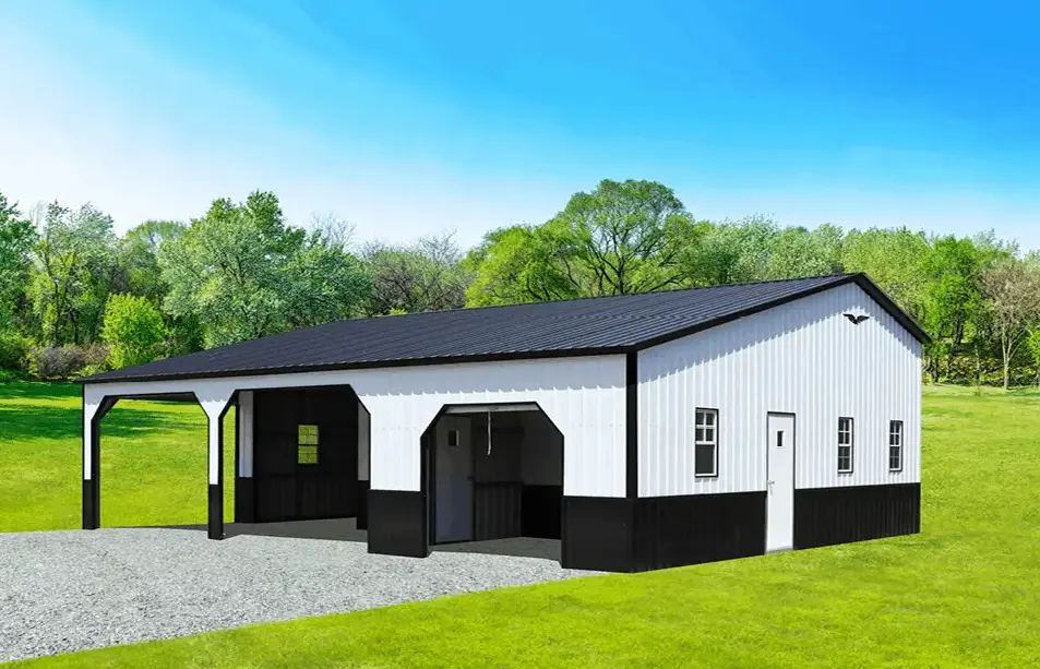 photo of black and white barn kit with an open and unobstructed design.
