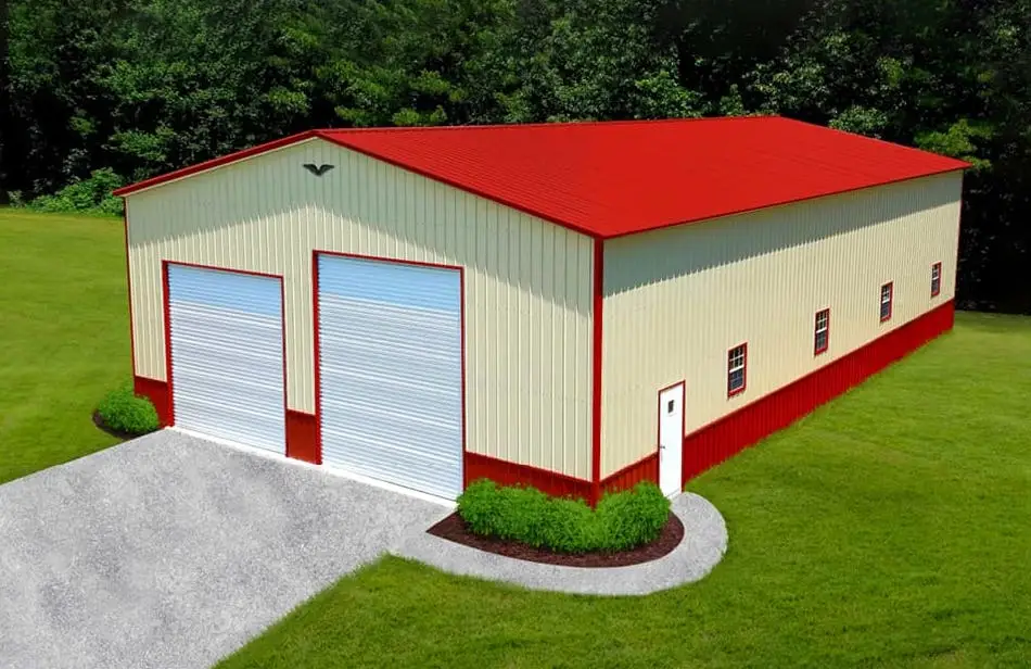 Photo of a tan colored barn kit with a red vertical roof, 2 doors, and red trim. Can be used for storage or as a workshop.
