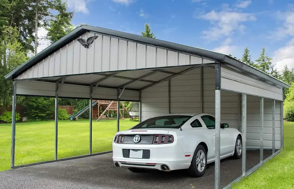 photo of a gray metal car canopy with a white car parked underneath
